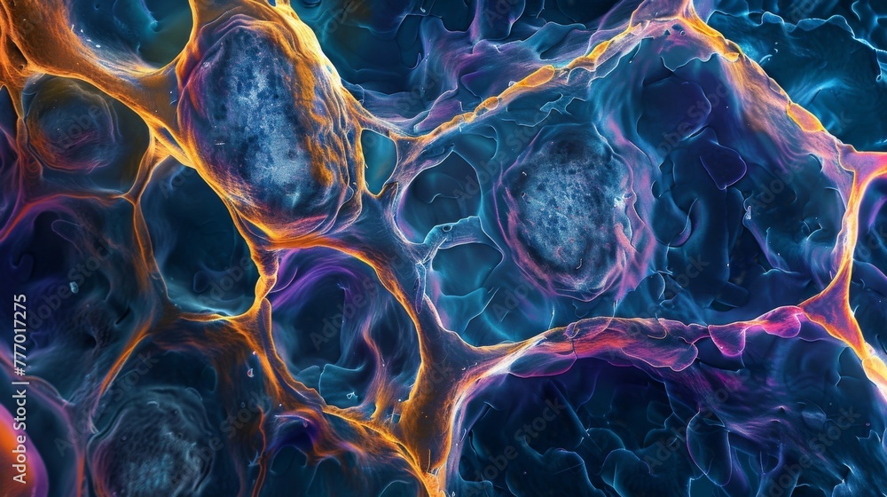 Poster a stained image of a group of epithelial cells in animal tissue showcasing the distinct shapes and s