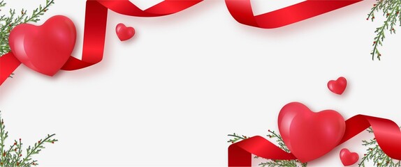 Happy Valentines Day Frame With Realistic Red Ribbon