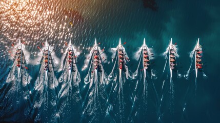 Aerial drone view of synchronized sport canoe team competing in deep blue sea championship