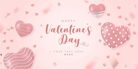 Happy Valentines Day Pink Card With Realistic Hearts