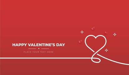 Happy Valentines Day Red Background With Flat Heart Line