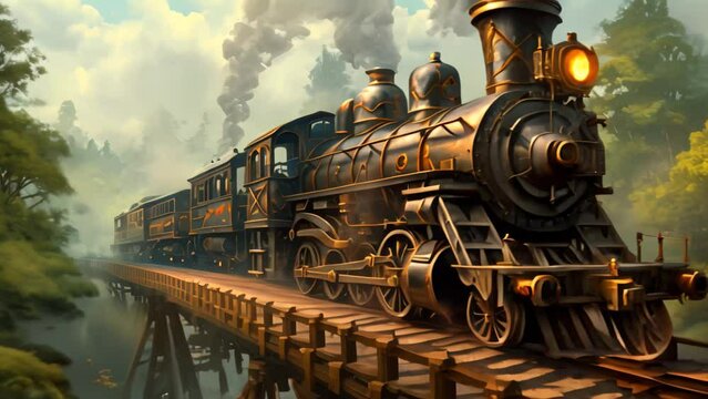 An artistic depiction of a steam train crossing a bridge, capturing the nostalgia and grandeur of an era gone by, A steampunk-inspired locomotive crossing a trestle bridge, AI Generated