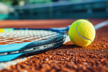Tennis racket and ball on the court - 777017653