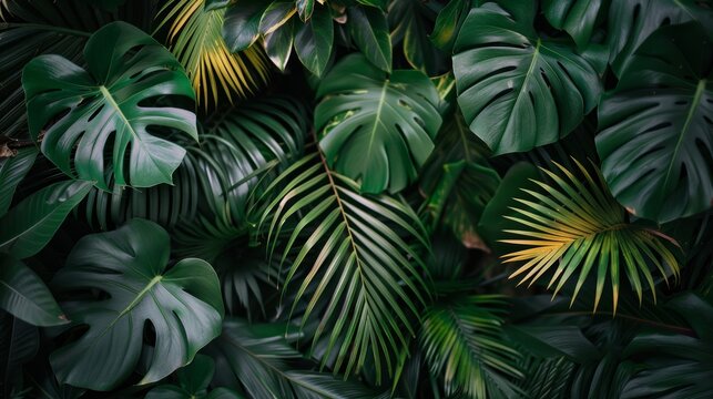 Exotic tropical forest  lush palm leaves and trees in wild jungle   panoramic nature wallpaper