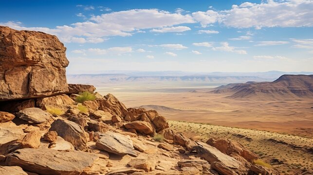 Majestic scenery from a rocky outcrop across a vast desert