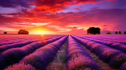 A colorful sunset and a lavender field with a purple hue