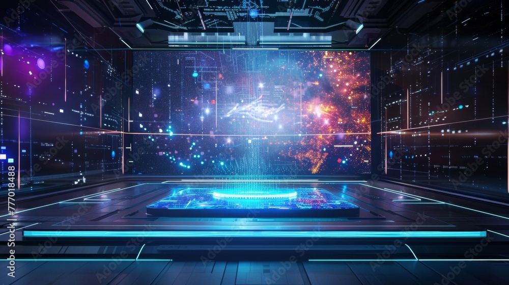 Poster the holographic display surrounding the podium creates an otherworldly aura with its dynamic hologra