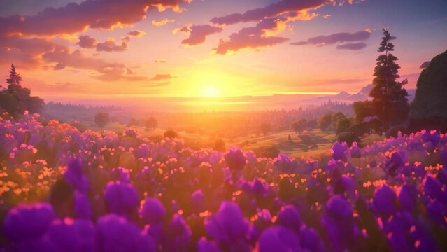 A breathtaking painting capturing the beauty of a colorful sunset over a field of vibrant flowers, A sunset over a peaceful meadow scattered with wildflowers, AI Generated