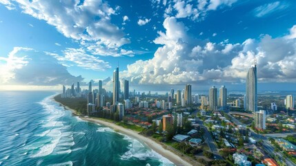 A panoramic view of the bustling city skyline reveals an impressive mix of skysers and ocean views making for a picturesque tableau in this urban seaside setting. - obrazy, fototapety, plakaty