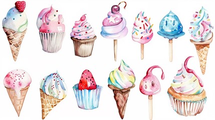 A variety of watercolor desserts and sweets from a shy cupcake to a twinkling ice cream cone - obrazy, fototapety, plakaty