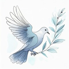 Dove with olive branch on white background. Drawing, sketch - 777019406