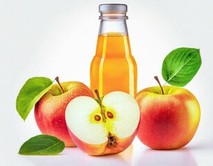 Bottle with apple juice and apples on a white background