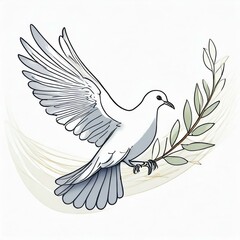 Gołąb z gałązką oliwną na białym tle. Rysunek, szkic - 777019434