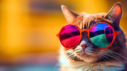 Smiling cat wearing colorful sunglasses in colorful blurred background