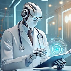 Robot doctor using a tablet. Technology and artificial intelligence in medicine - 777019494