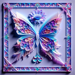 Magical colorful crystal butterfly sits on a beautiful flower on lilac background