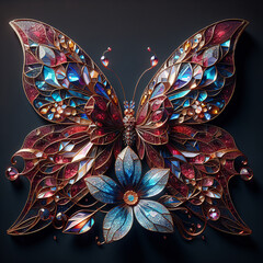 Magical colorful crystal butterfly sits on a beautiful flower on dark background