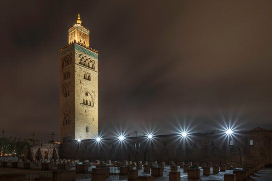 View of the Koutoubia Mosque and Minaret at night, Marrakech, Morocco