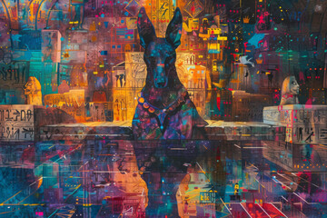 A colorful surreal painting of Anubis in the Egyptian underworld, mirrors and colorful streets with patterned tile designs - obrazy, fototapety, plakaty