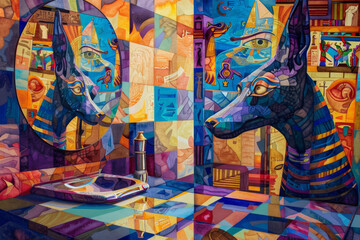 A colorful surreal painting of Anubis in the Egyptian underworld, mirrors and colorful streets with patterned tile designs