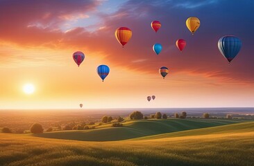 Balloons flying above the ground, sunset, sunshine, traveling.