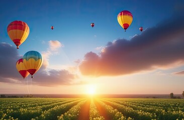 Obraz premium Balloons flying above the ground, sunset, sunshine, traveling.