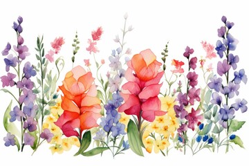 watercolor of snapdragon clipart with tall spikes of colorful blooms. flowers frame, botanical border, on white background for wedding card, cover, invitations. - obrazy, fototapety, plakaty