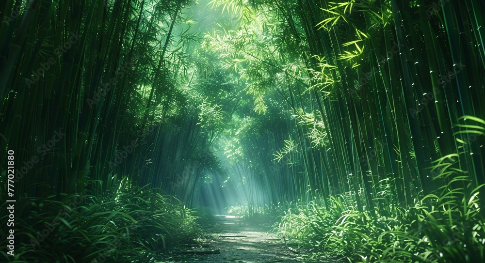 Poster the enchanted path through the bamboo forest generative ai