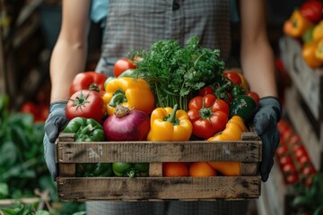 Woman Farmer Holding a Crate of Fresh Vegetables in a Greenhouse