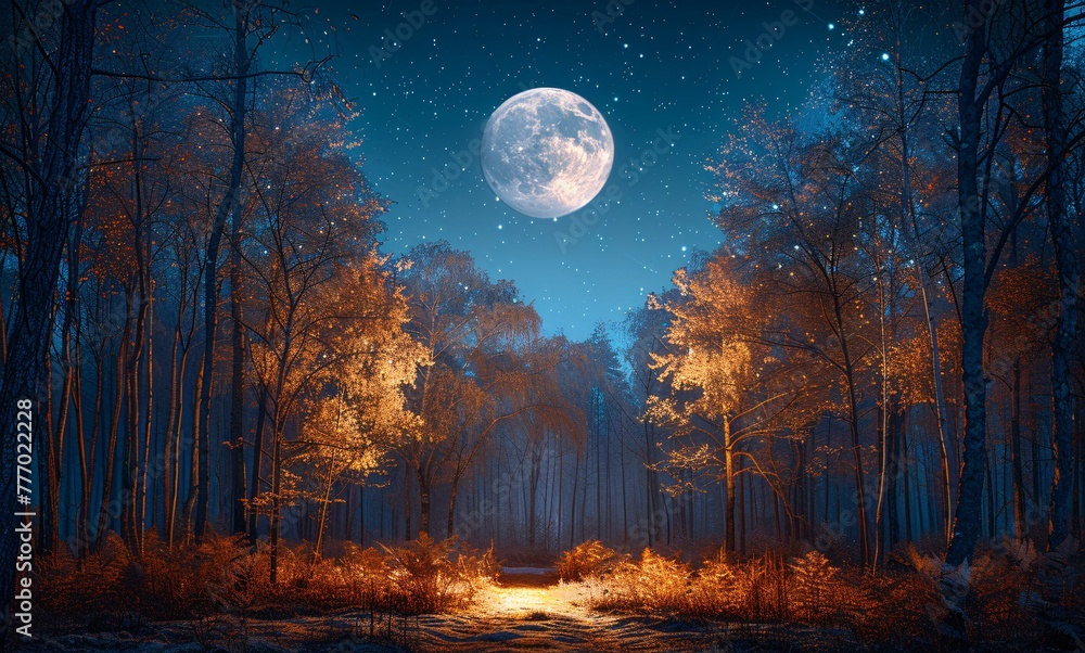 Poster moonlit forest a nighttime scene of a full moon illuminating a forest path generative ai