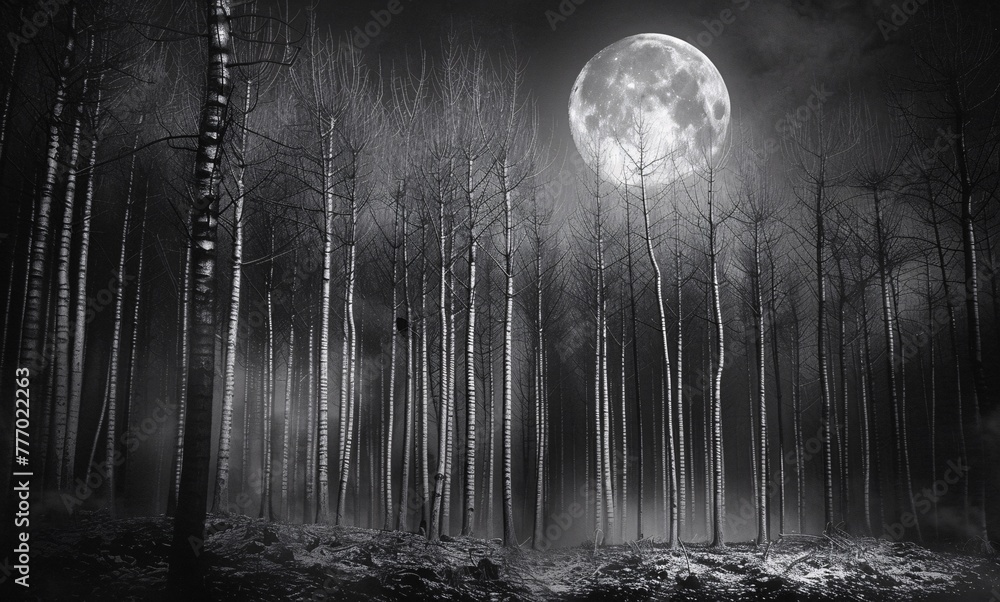 Poster moonlit forest a nighttime scene of a full moon illuminating a forest of tall trees generative ai