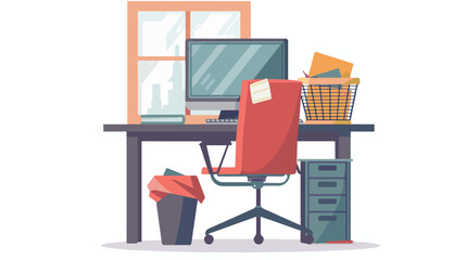 Office workplace with window and trash bin vector icon