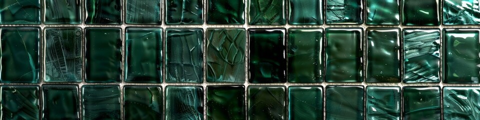 Dark green ceramic tile wall background, seamless texture. Dark emerald green glass brick pattern for interior design of bathroom or kitchen