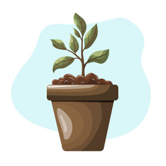 Young plant in a clay pot. Illustration on the theme of landscaping, ecology, gardening, plant growing. Vector flat illustration.