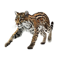 north american ocelot in motion isolated white background