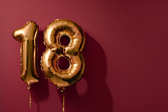 Golden “18” balloons against a burgundy backdrop symbolize the joyous transition into adulthood with celebration
