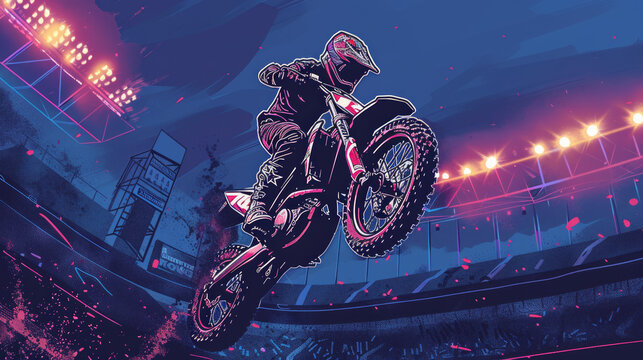 High-energy motocross racer caught mid-air, performing stunts in a stadium filled with bright lights and vibrant colors, displaying agility