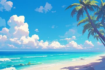 A serene beach with clear skies, turquoise water, white sands, and lush green palm trees, evoking peace