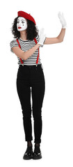Funny mime with beret posing on white background