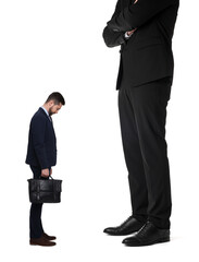Giant boss and sad small man on white background