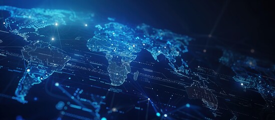 Fototapeta premium Widescreen Digital World Map: Illuminated Connections and Cyber Networks Visualizing the Pulse of Global Technology