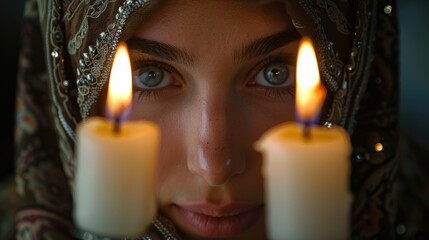 Close-up of a woman's face. In the foreground are two burning candles. - obrazy, fototapety, plakaty