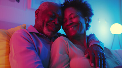 Loving Senior Couple Sitting On Sofa At Home Relaxing