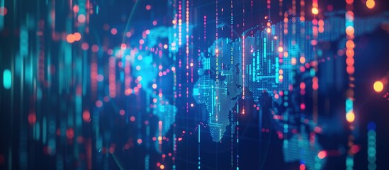 Widescreen Digital World Map: Illuminated Connections and Cyber Networks Visualizing the Pulse of Global Technology