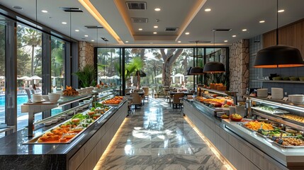Buffet Counter in a Tropical Self-Service Dining Room - obrazy, fototapety, plakaty