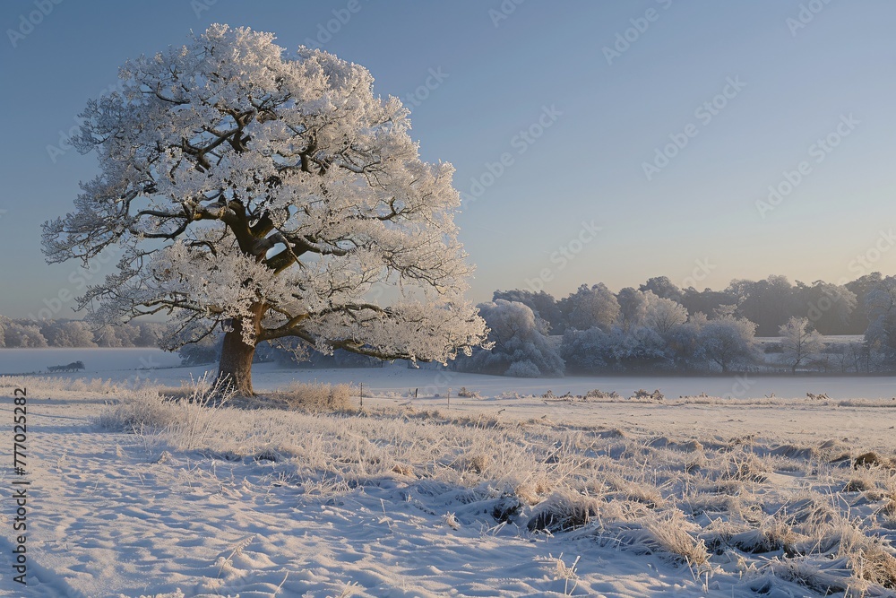 Poster frozen tree in a snowy field a winter's tale generative ai