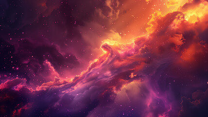 A dramatic cosmic scene featuring swirling clouds of vibrant pink and orange hues, resembling a celestial inferno in a star-speckled universe