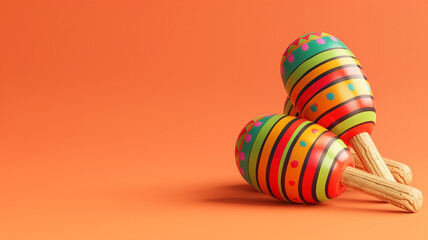 Vibrantly patterned maracas set against a vivid orange background, embodying the rhythm and spirit of festive music