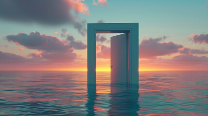 A clean, minimal door opens to a fantasy ocean sunset, with vibrant, surreal colors blending - obrazy, fototapety, plakaty