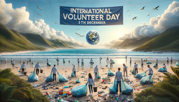 Stewards of the Shore: Beach cleanup initiative, where volunteers are collecting trash, emphasizing environmental stewardship, under a sky banner reading 'International Volunteer Day, 5th December'.
